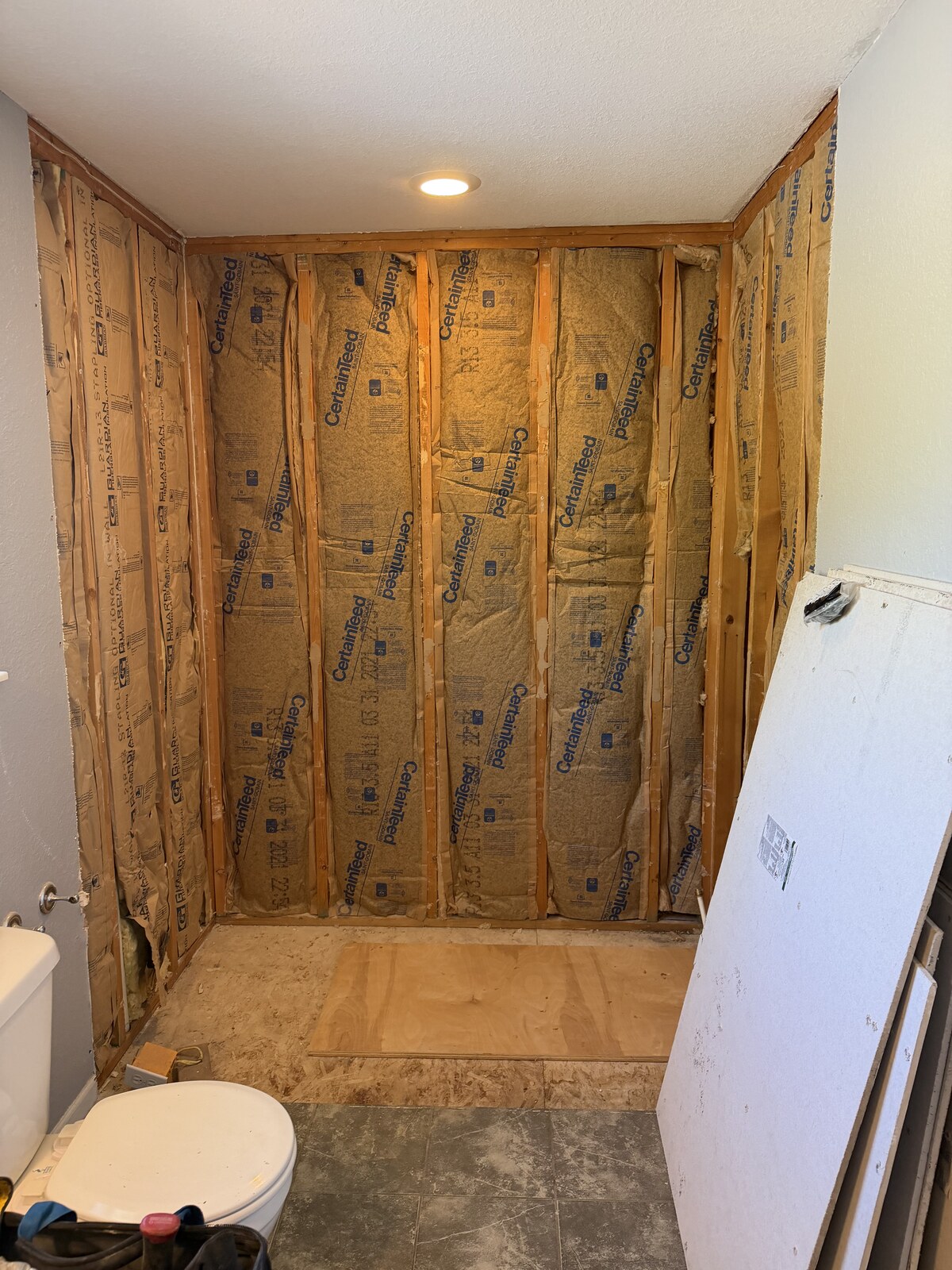 Tub alcove stripped back to exposed studs and insulation.
