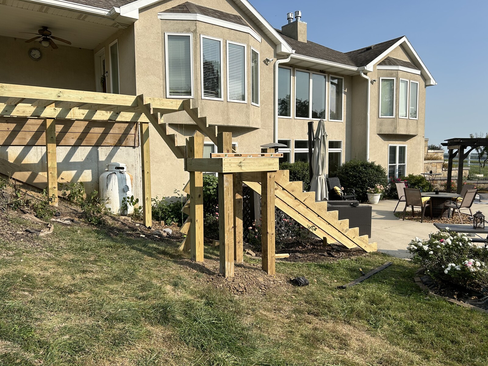Notched stair stringers and the supported intermediate landing.